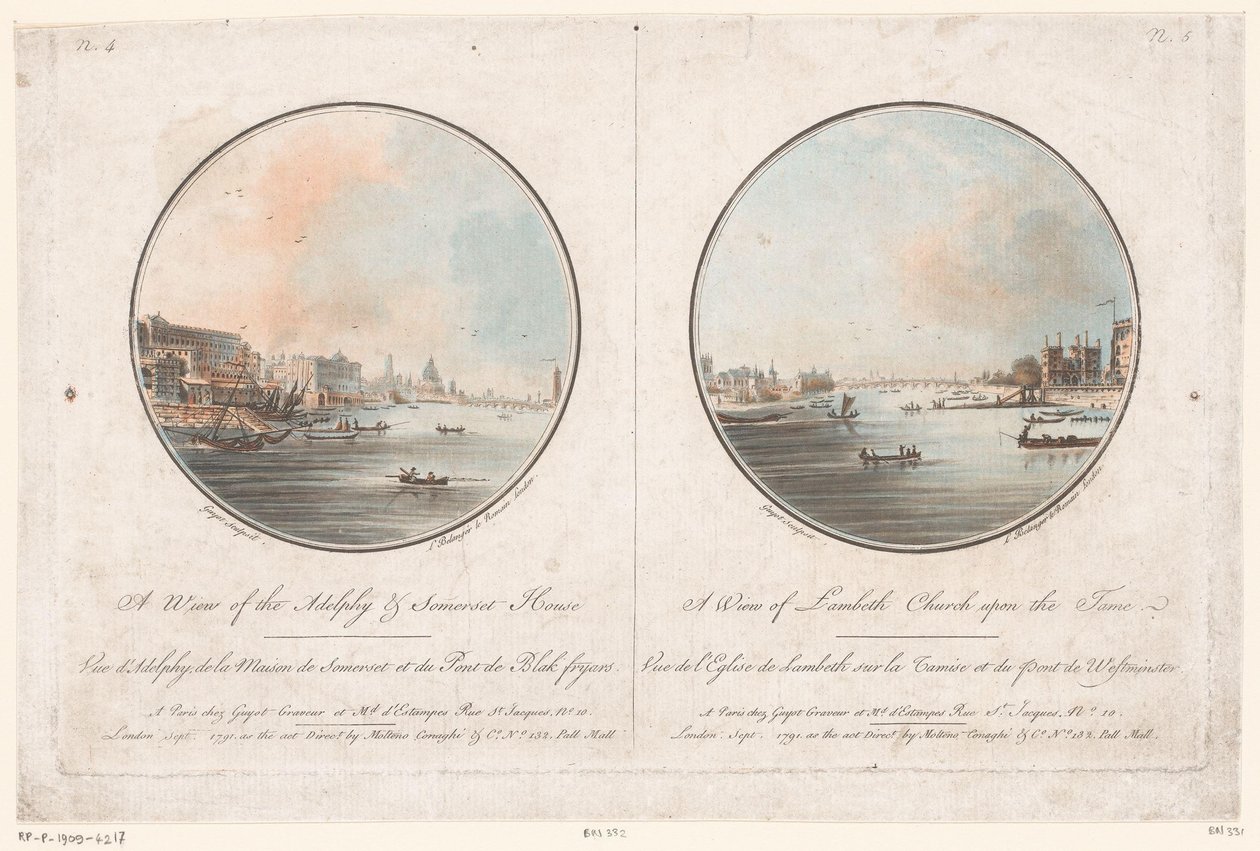 Ansicht von Adelphi und Somerset House von der Themse aus und Ansicht der Lambeth Church von der Themse aus von Laurent Guyot