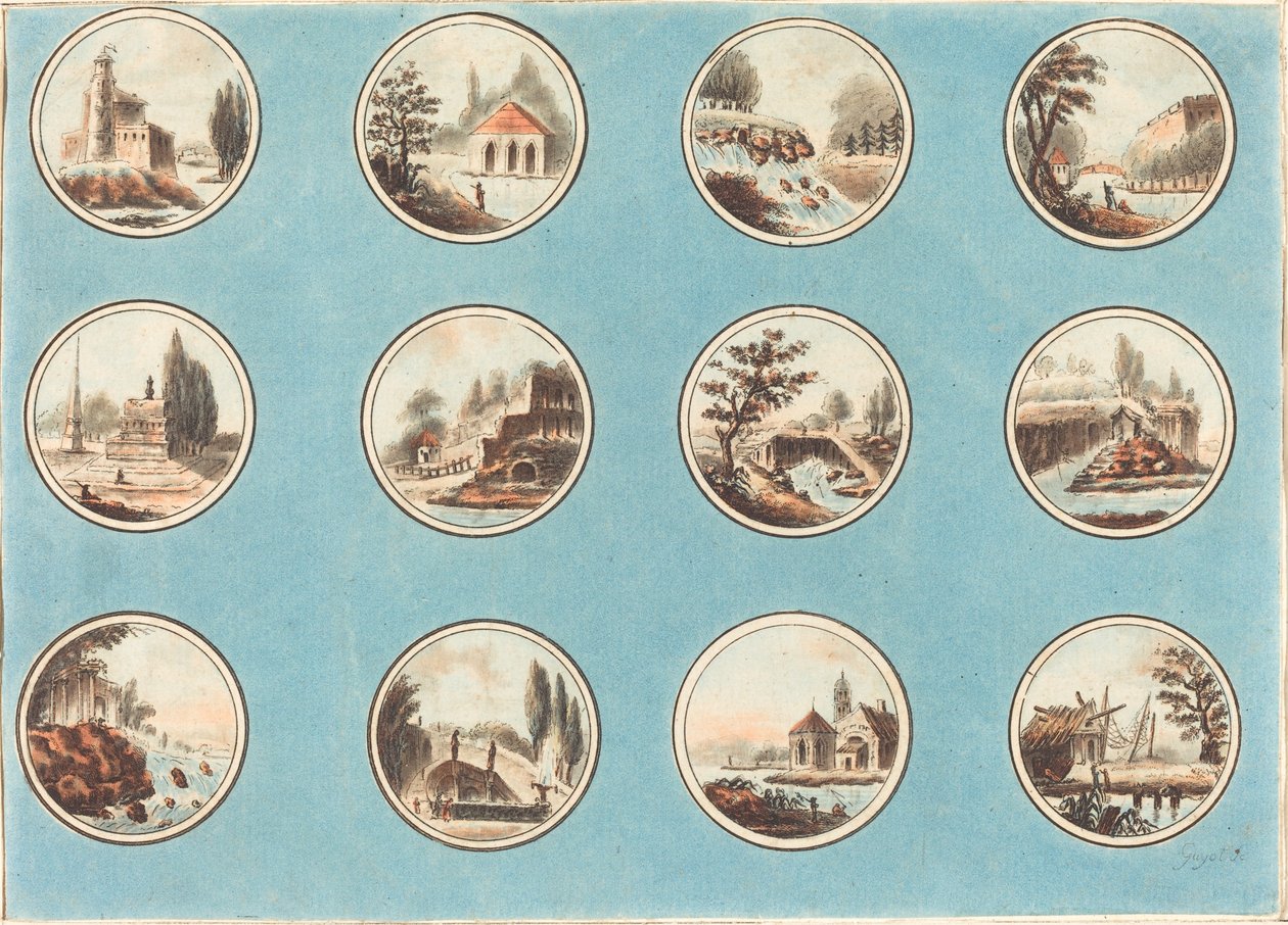 Zwölf Rundbilder mit Landschaften von Laurent Guyot after Jean Henry Alexandre Pernet
