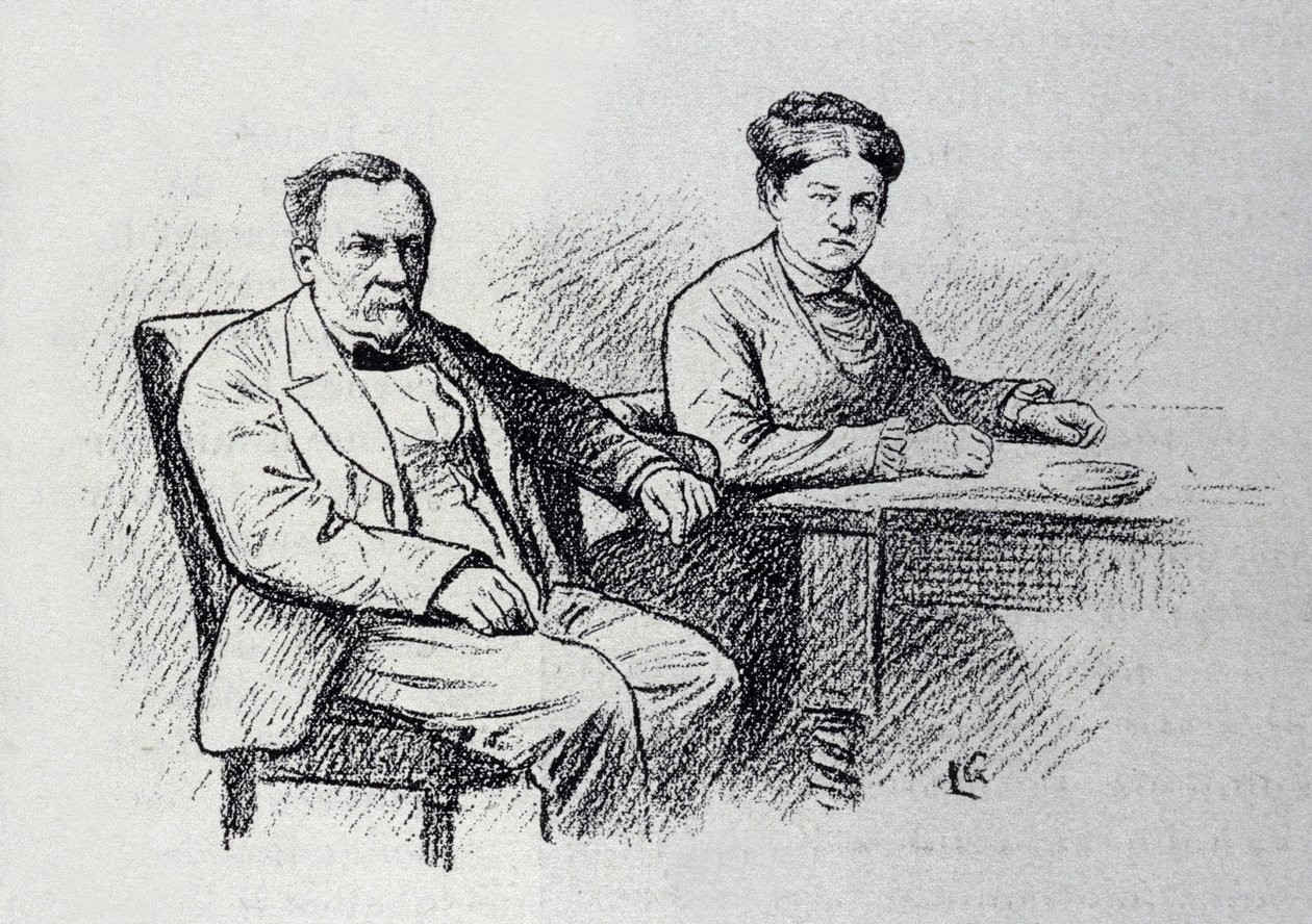 Porträt von Louis Pasteur (1822-1895), französischer Chemiker und Physiker, der seiner Frau Marie Laurent ein Verhältnis diktiert. Skizze von Lucien Laurent-Gsell (1860-1944) von Laurent Lucien Gsell