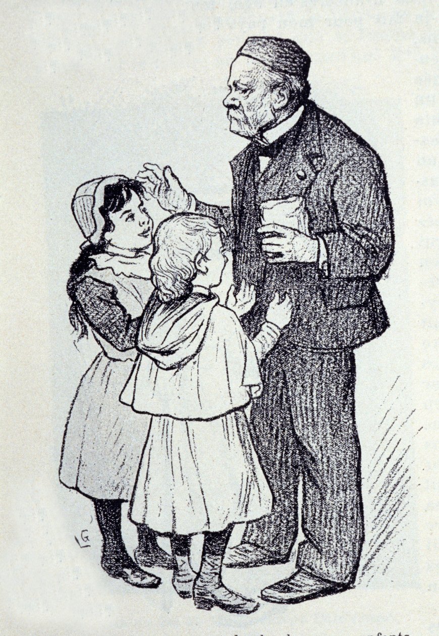 Porträt von Louis Pasteur (1822-1895), französischer Chemiker und Physiker, der den Kindern des Instituts Süßigkeiten gibt. Skizze von Lucien Laurent-Gsell (1860-1944) von Laurent Lucien Gsell
