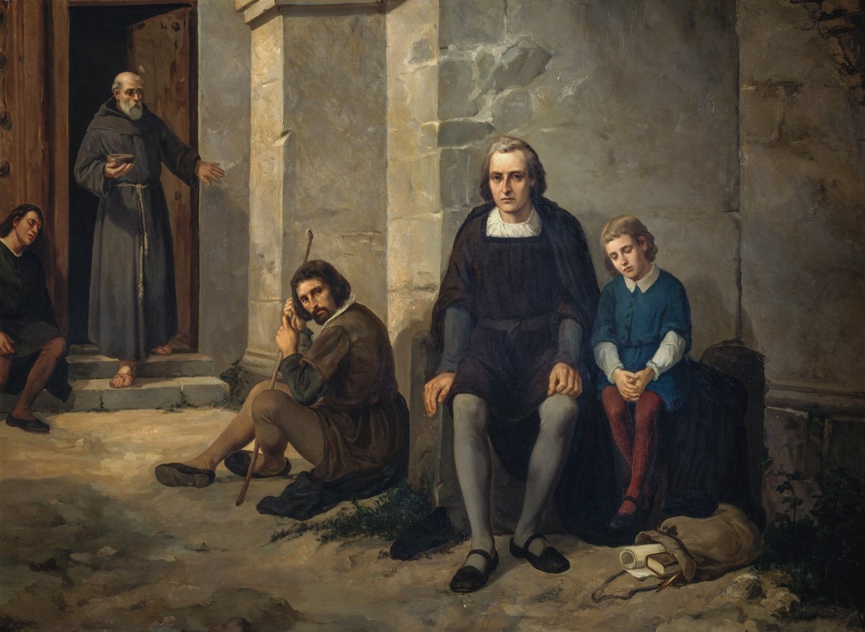 Christoph Kolumbus mit seinem Sohn im Kloster Santa Maria de La Rabida, Spanien von Leandro Izaguirre