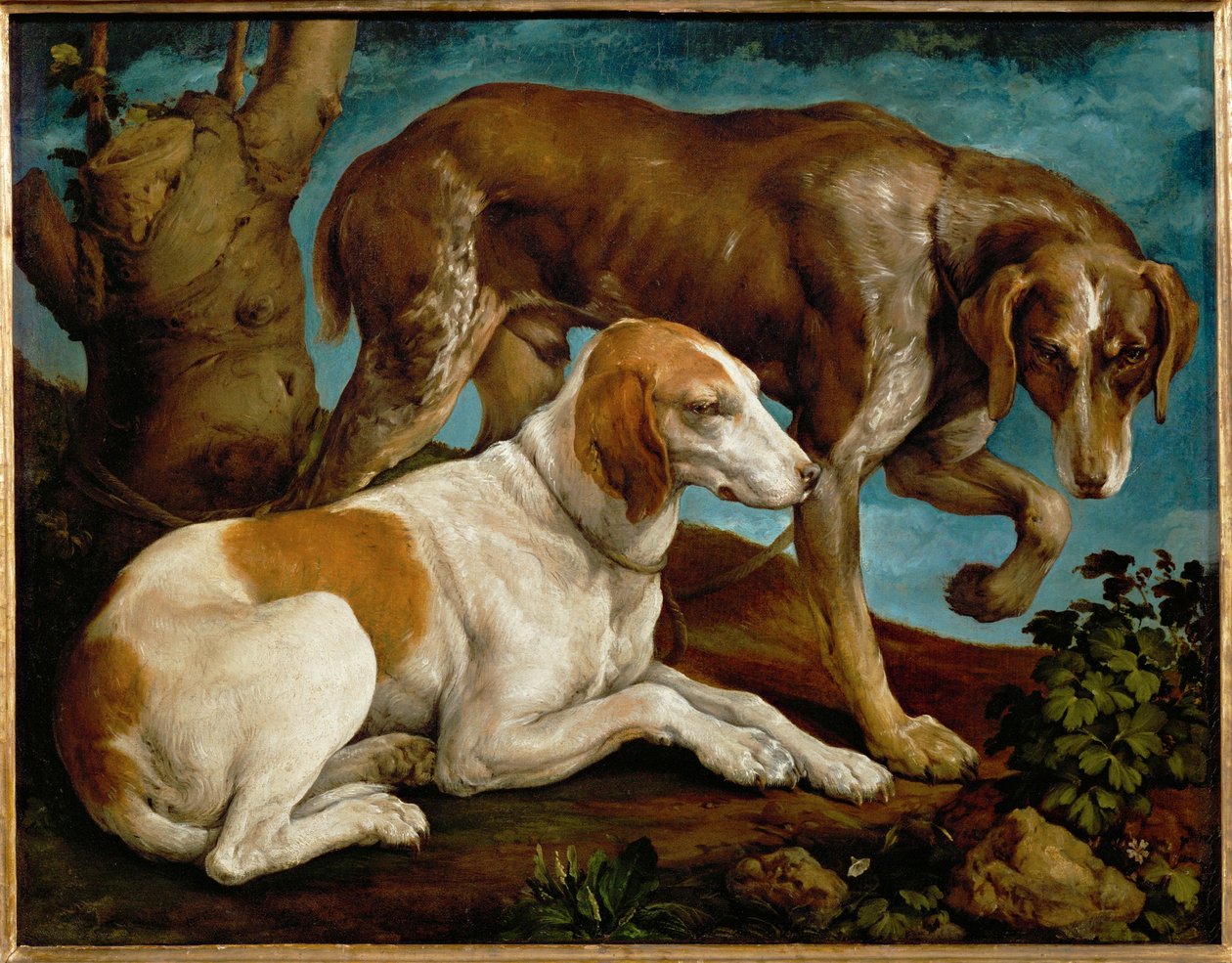Zwei Jagdhunde an einen Baumstumpf gebunden von Leandro da Ponte Bassano
