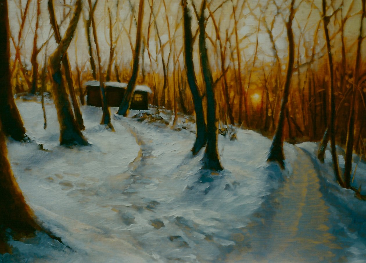 Verschneite Wälder 2002 Sonnenuntergang von Lee Campbell