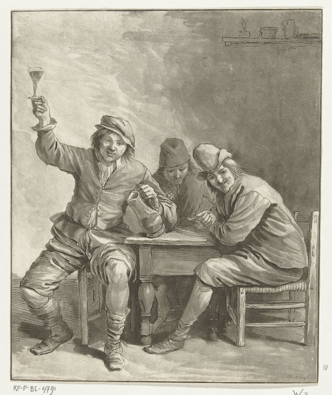Drei Männer am Tisch rauchen und trinken von Leendert Brasser (signed by artist)