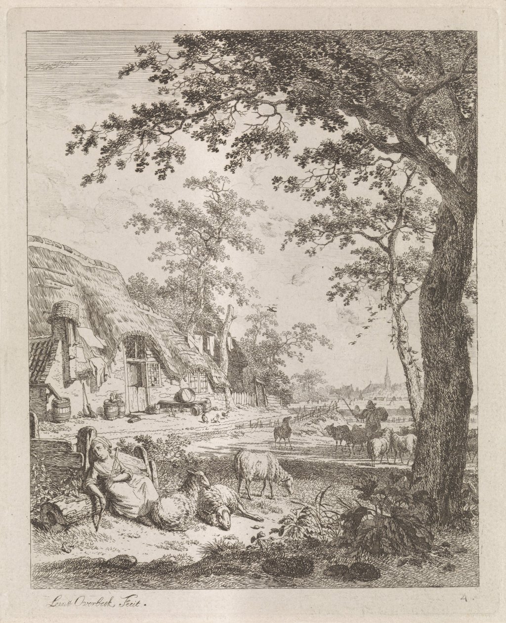 Schäferin mit Schafen vor einem Bauernhof von Leendert Overbeek