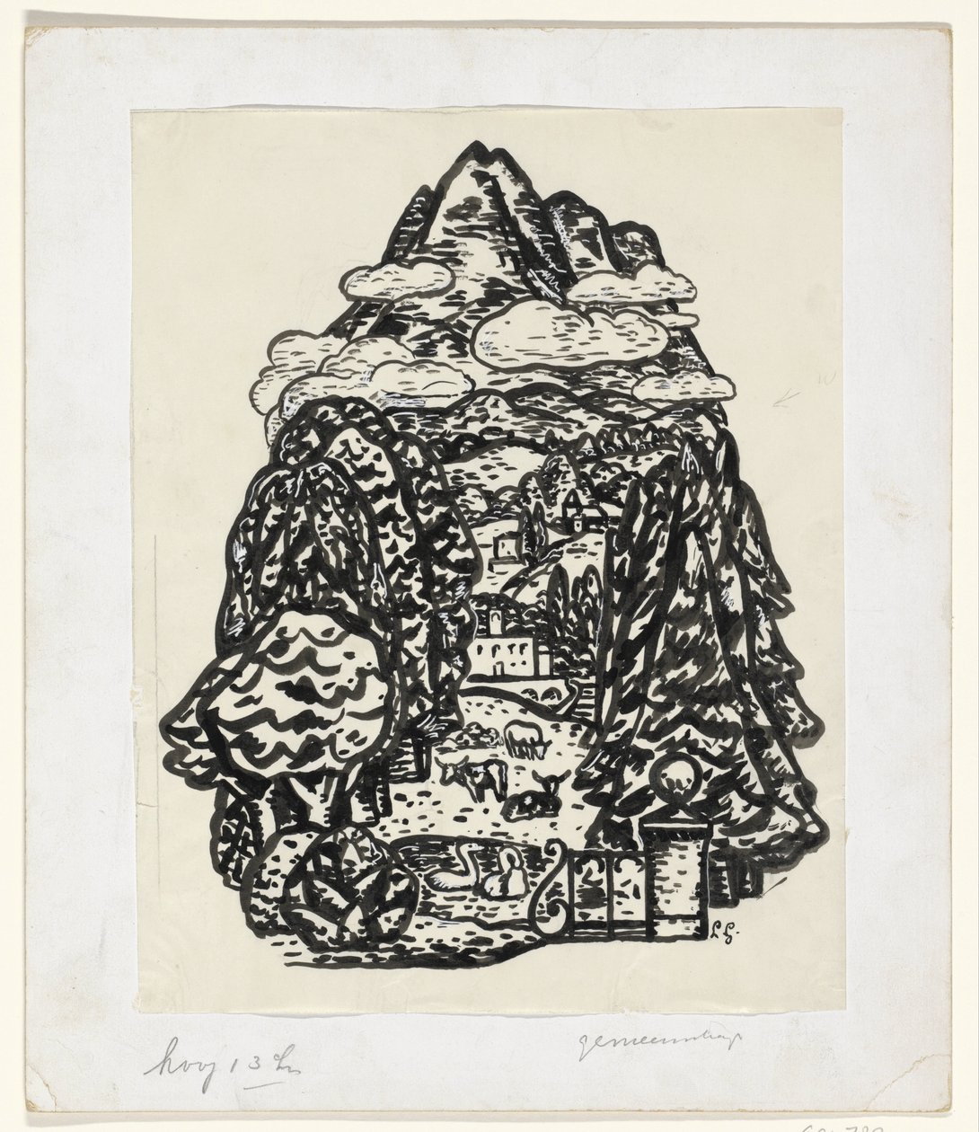 Berglandschaft mit Bäumen und Vieh von Leo Gestel (signed by artist)