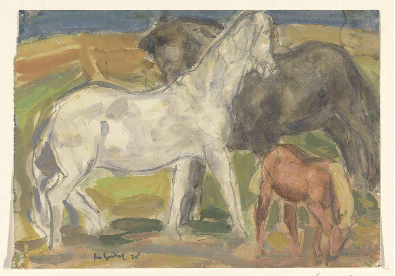 Zwei Pferde und ein Fohlen in einer Landschaft von Leo Gestel (signed by artist)