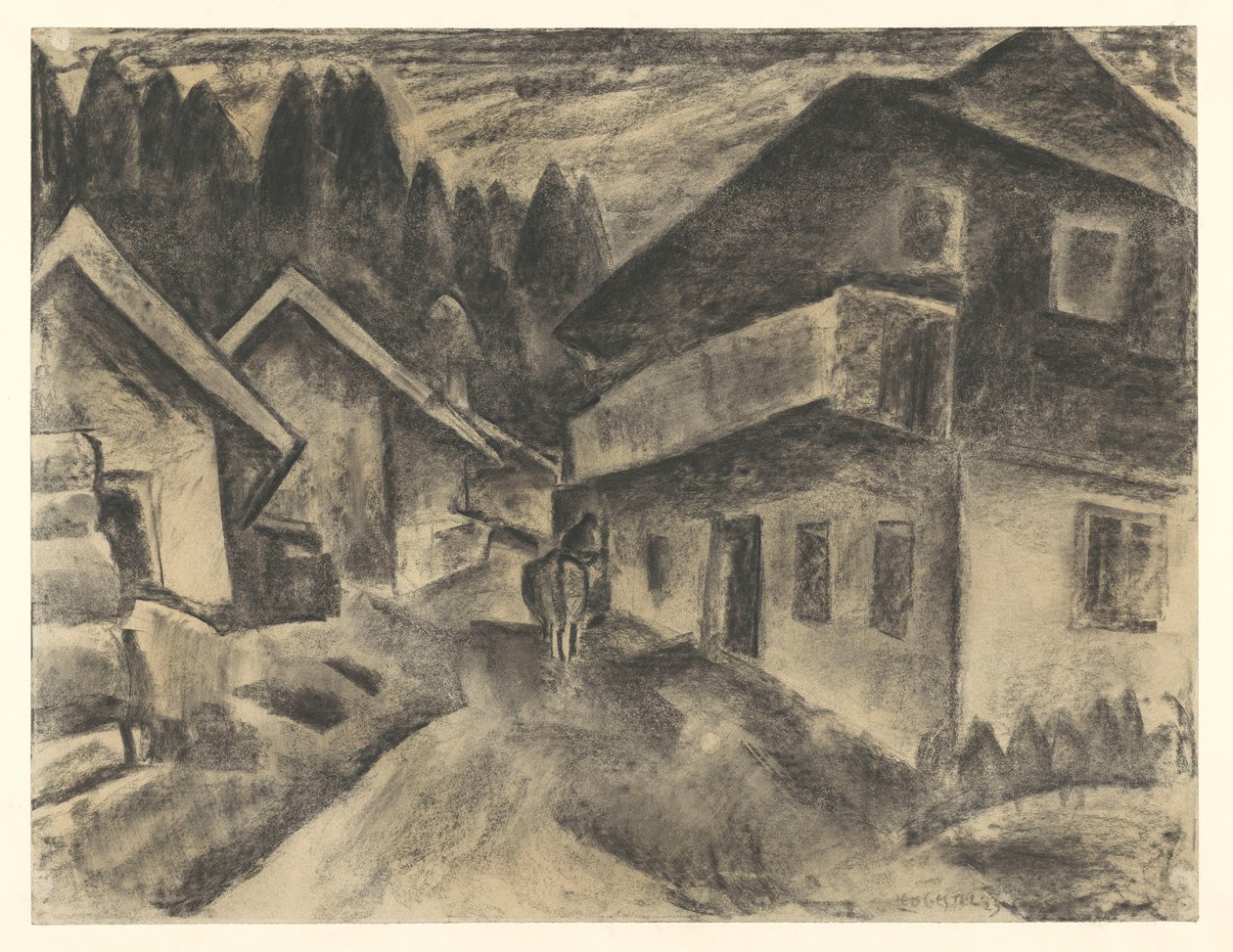 Dorfansicht mit Mann und Kuh auf Dorfstraße von Leo Gestel