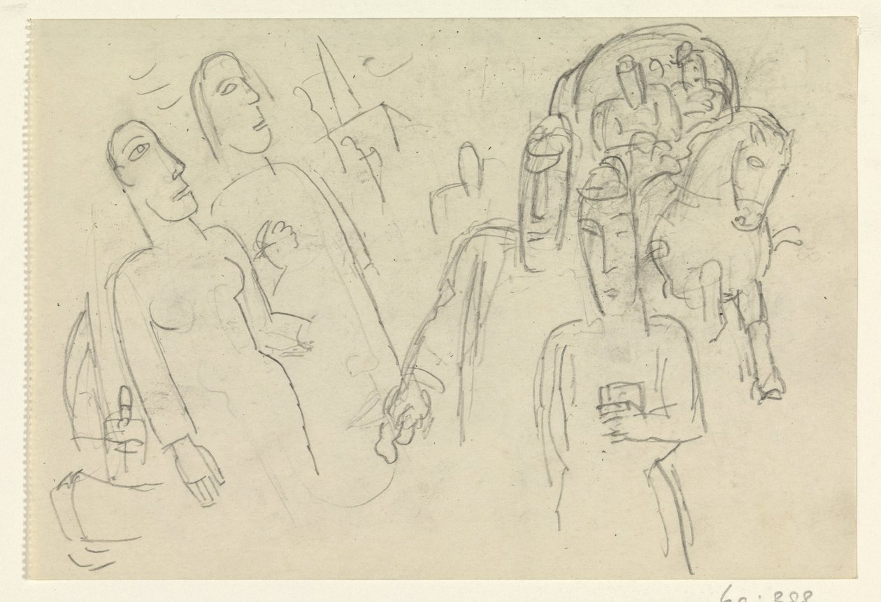 Menschen auf der Straße und ein Pferd mit Wagen von Leo Gestel