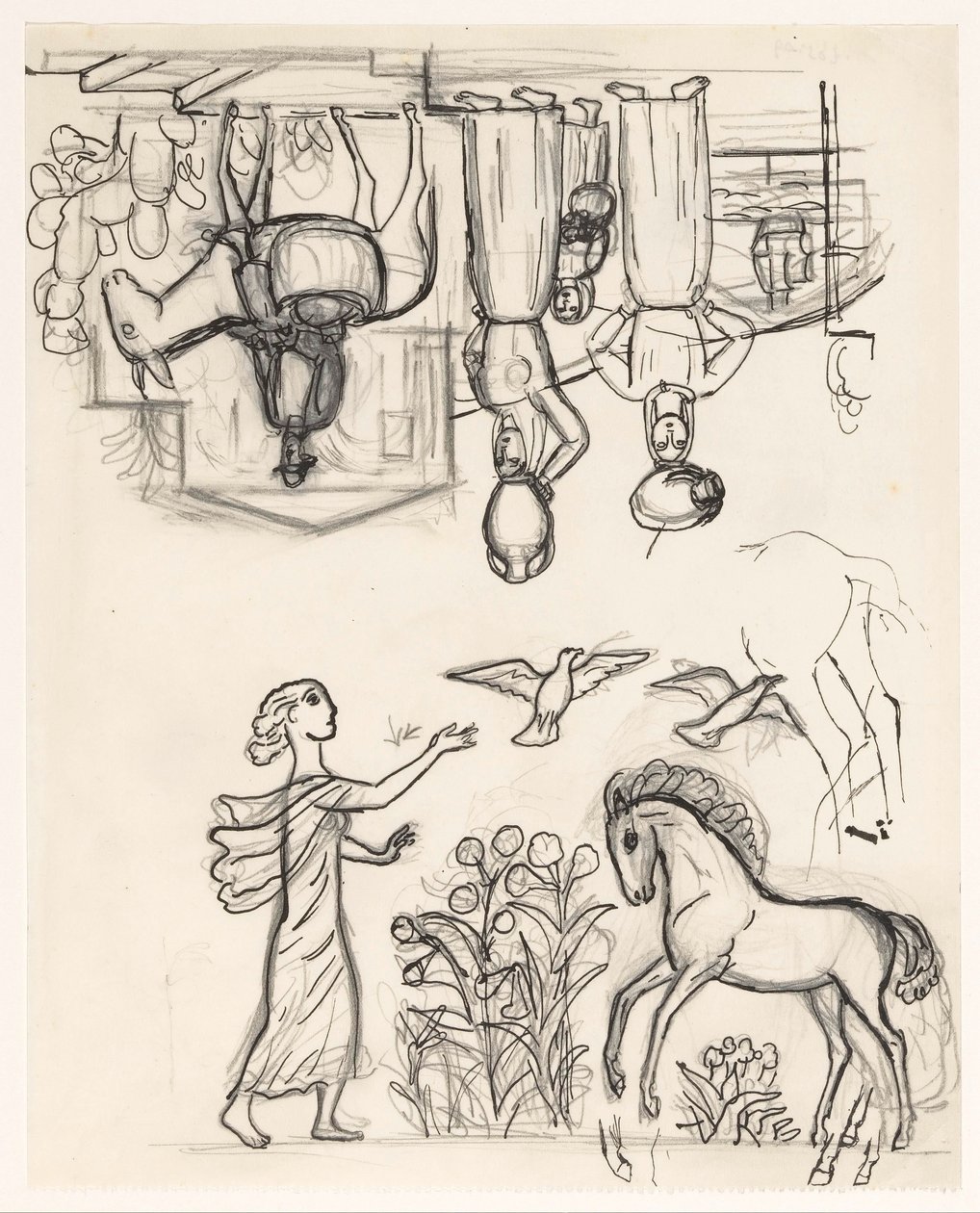 Studienblatt mit zwei Frauen mit Krügen auf dem Kopf, einem Mann auf einem Esel und einer Frau, die Vögel bei einem Fohlen freilässt von Leo Gestel