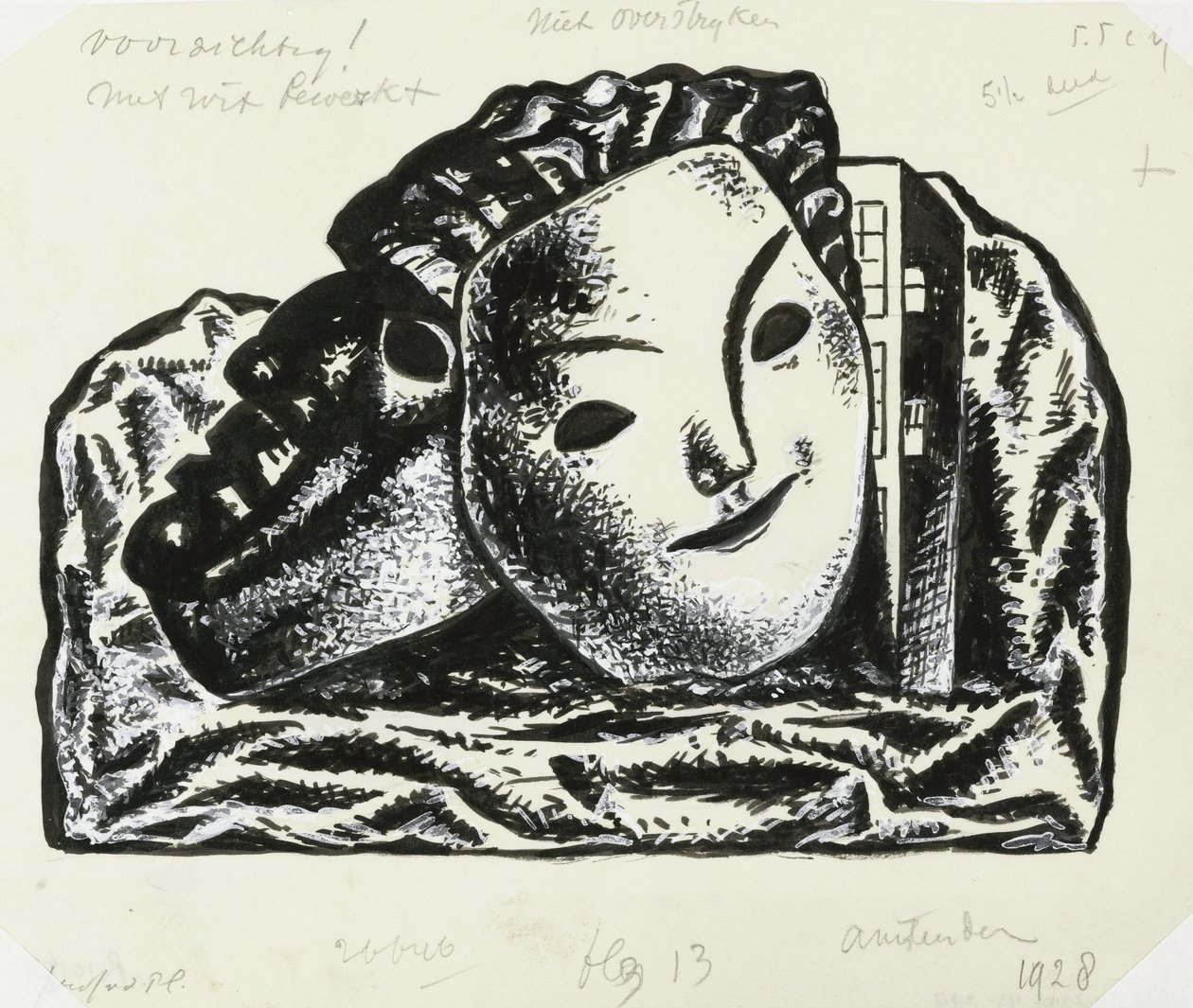 Zwei Masken vor Gebäude und Felsen (Skizze) von Leo Gestel