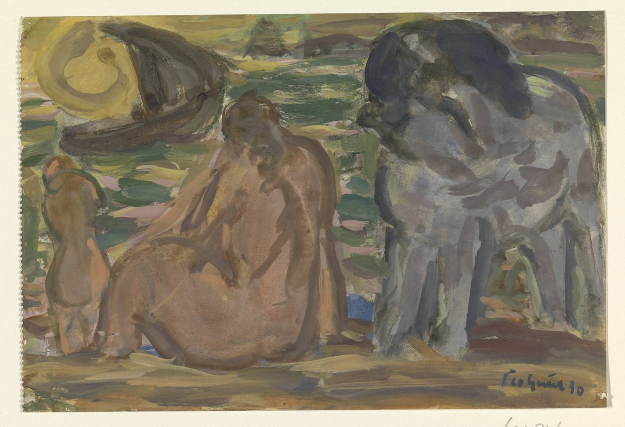 Zwei nackte Figuren und ein Pferd am Meer von Leo Gestel