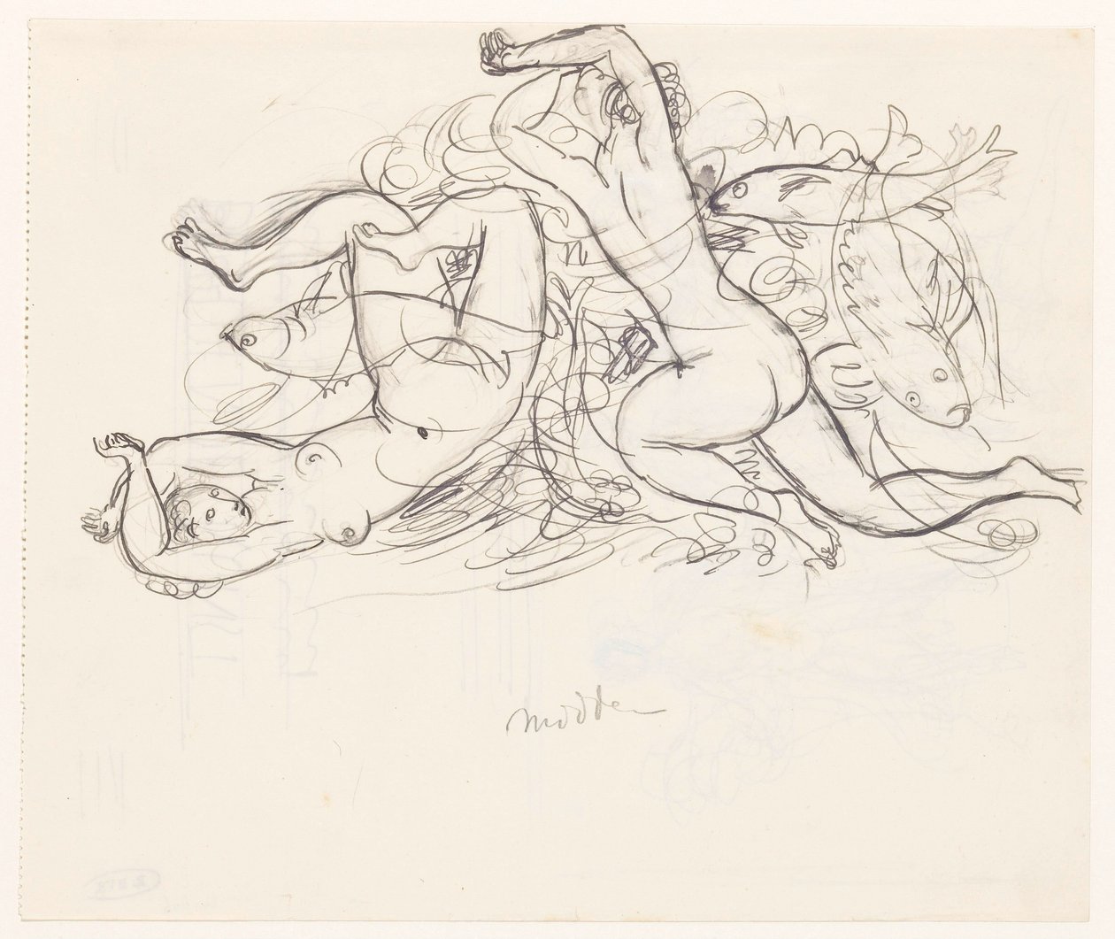 Zwei nackte Frauen und drei Fische von Leo Gestel