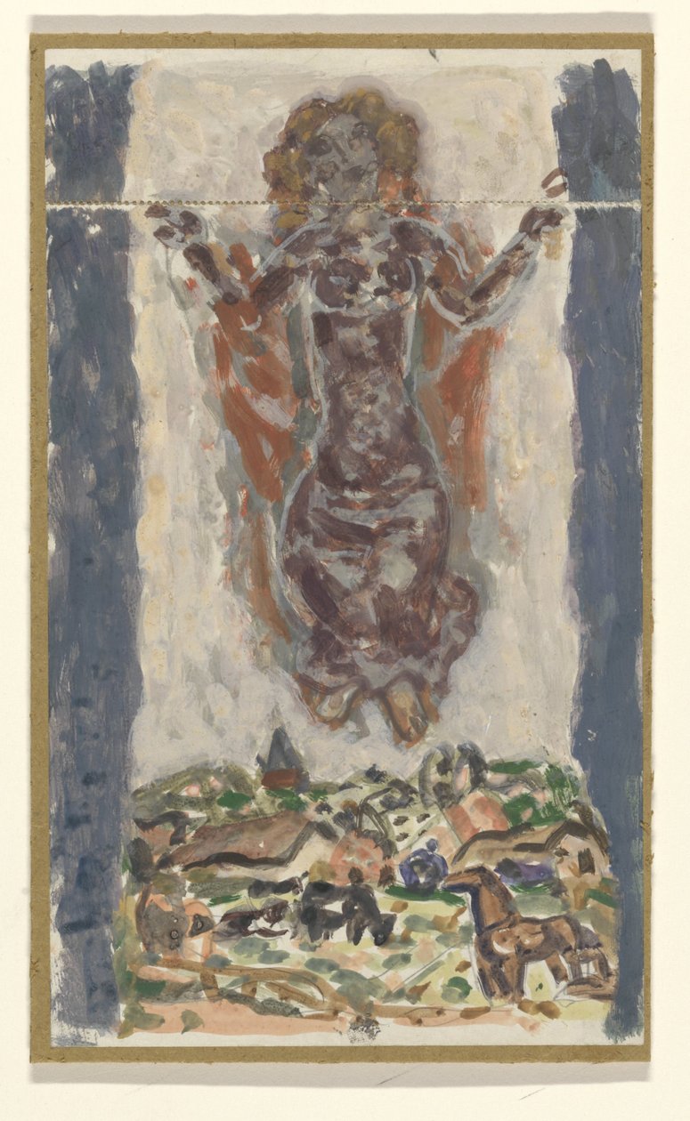 Frau mit ausgebreiteten Armen über einer Landschaft von Leo Gestel