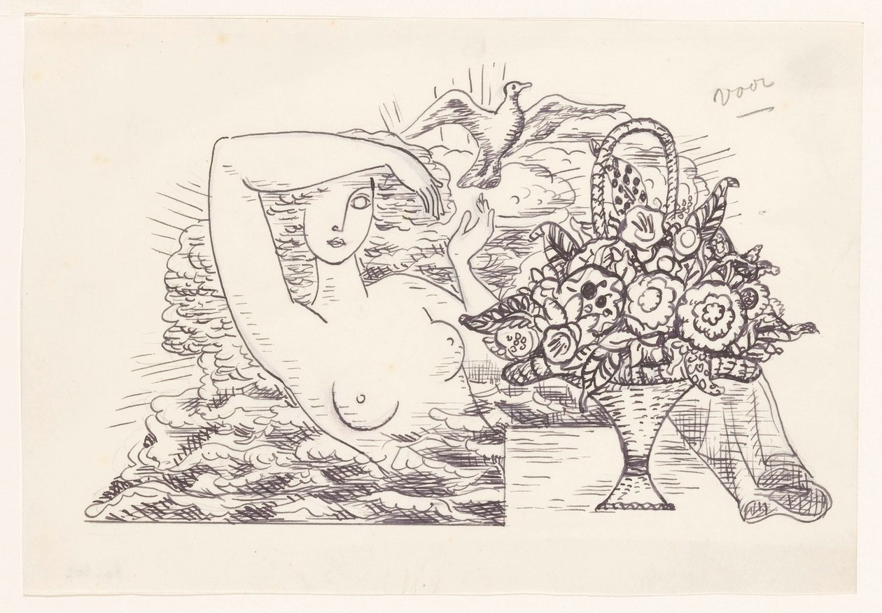 Weiblicher Akt in den Wellen, der einen Vogel freilässt, im Vordergrund ein Korb mit Blumen von Leo Gestel