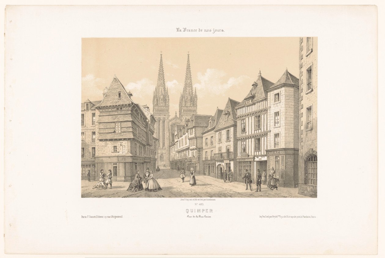 Blick auf die Rue Kéréon und die Kathedrale in Quimper von Leon Auguste Asselineau