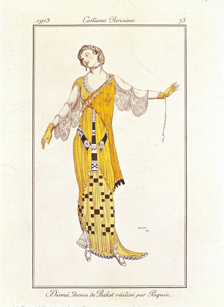 Dioné, Zeichnung von Bakst, gemacht von Jeanne Paquin. Costumes Parisiens Nr. 73 von Leon Bakst