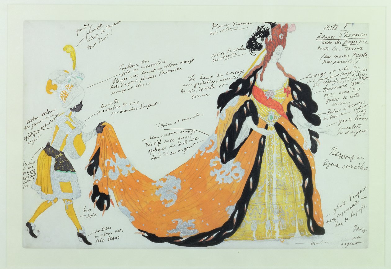 Kostüm für Dame und ihren Pagen, für Diaghilev-Ballett von Leon Bakst