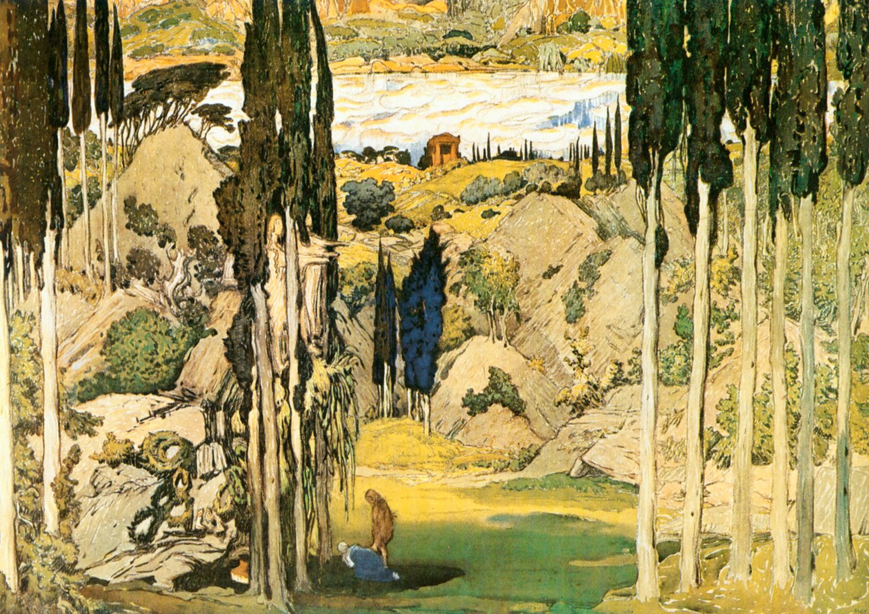 Skizze für das Bühnenbild des ersten Akts von Maurice Ravels Ballett Daphnis und Chloe von Leon Bakst