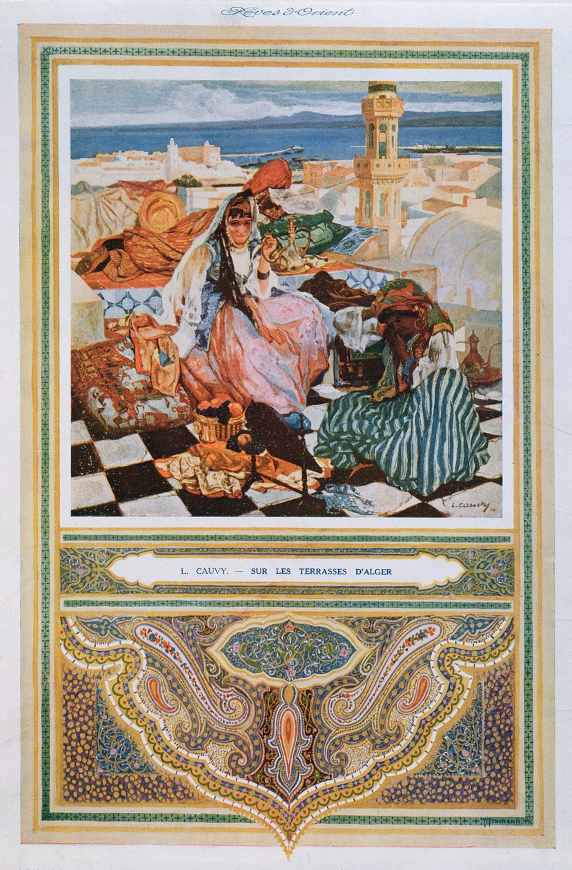 Frau raucht eine Shisha (Wasserpfeife) auf einer Terrasse in Algier, um 1900 von Leon Cauvy