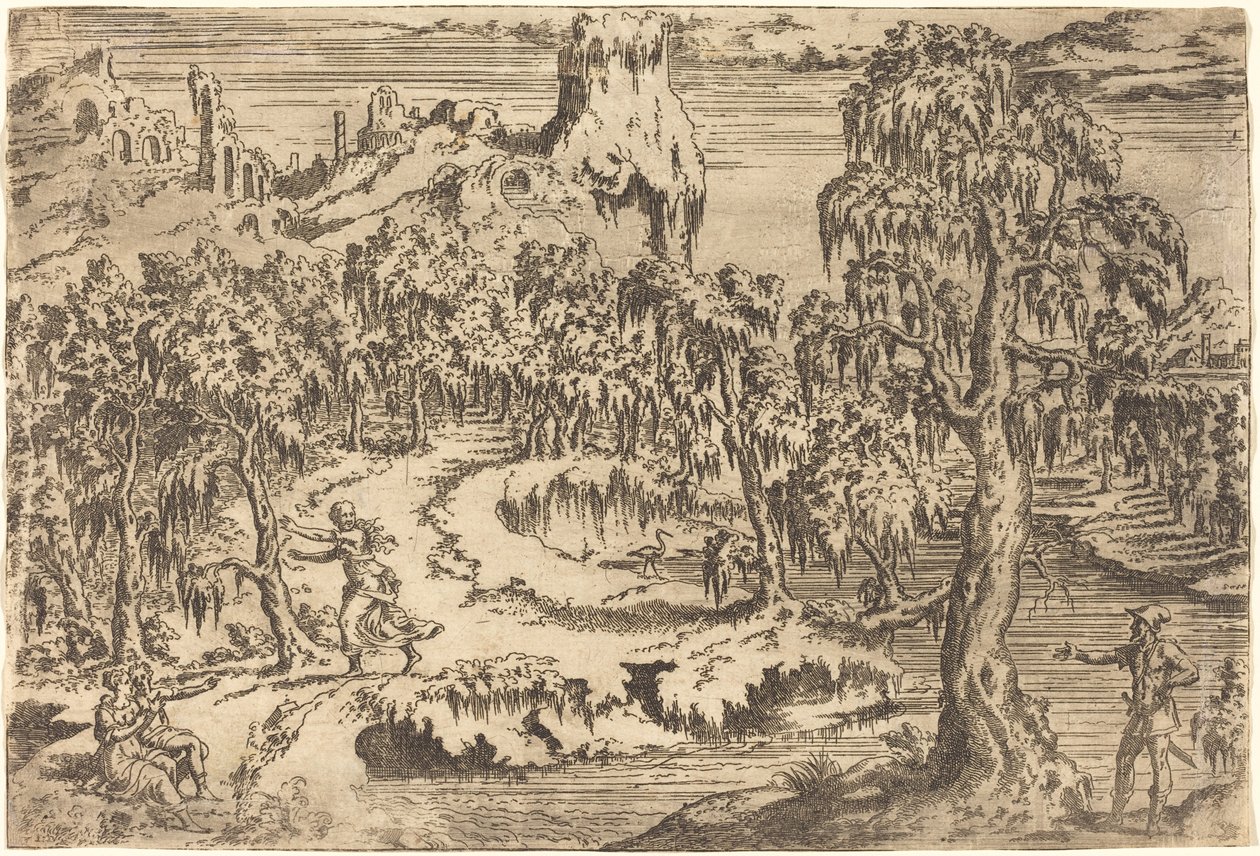 Landschaft mit einer Frau, die vor einem Soldaten flieht von Leon Davent
