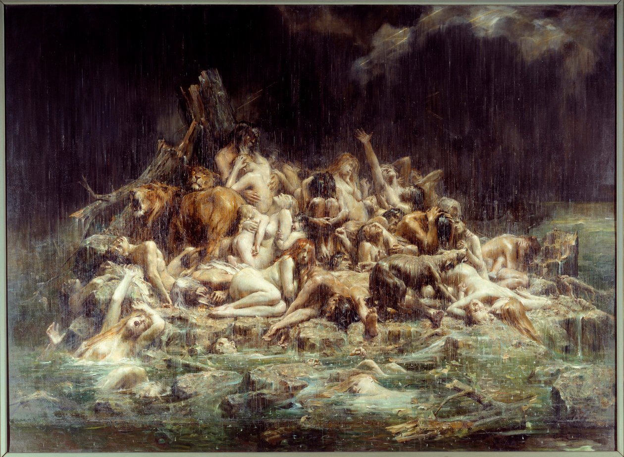 Die Sintflut. Eine Ansammlung von menschlichen und tierischen Körpern unter den Regenströmen des Himmelszorns, einige sind bereits ertrunken, andere schreien ihre Not heraus. Gemälde von Leon Comerre (1850-1916) 1911 von Leon Francois Comerre
