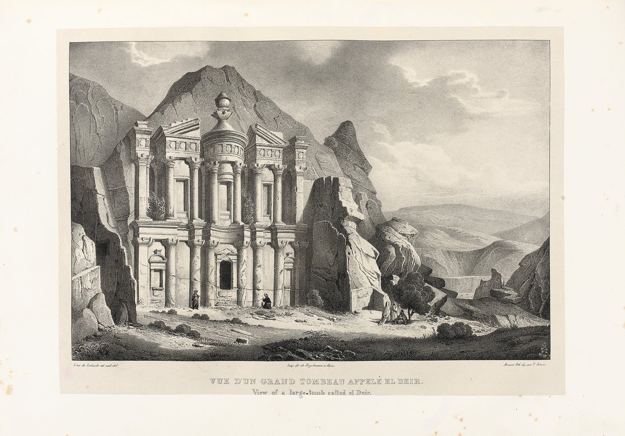 Ansicht eines großen Grabes namens El Deir, Petra, 1830 von Leon de Laborde