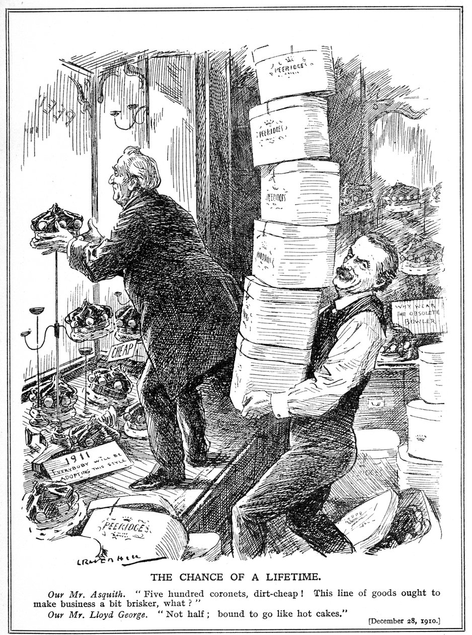 Asquith und Lloyd George bereiten sich darauf vor, 500 zusätzliche Peers zu ernennen, um den Widerstand des House of Lords gegen Reformen zu überwinden, 1910 von Leonard Raven Hill