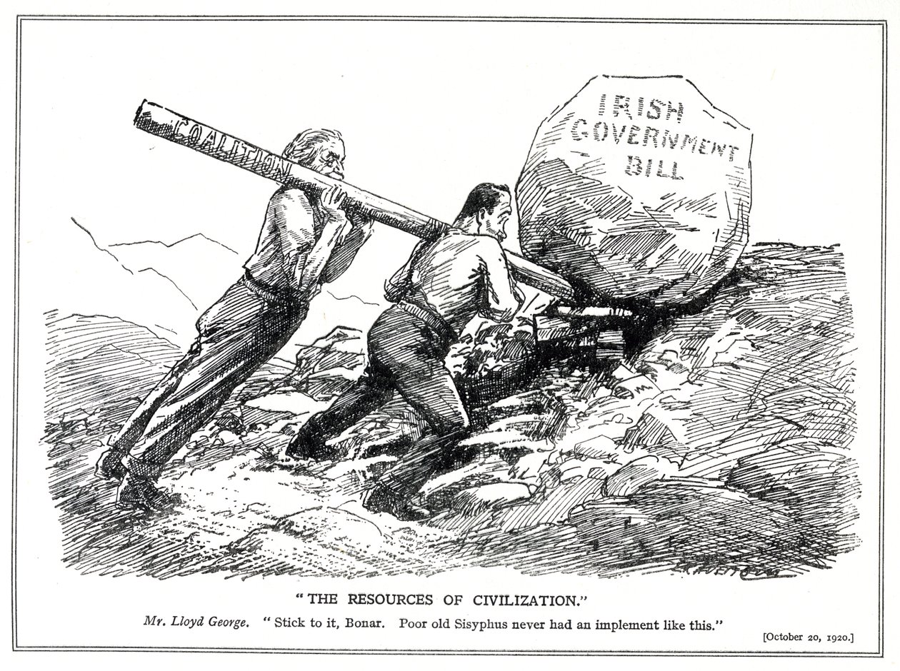 Lloyd George und Bonar Law versuchen, die irische Frage mit Hilfe des Koalitionsregierunghebels zu lösen, Oktober 1920 von Leonard Raven Hill