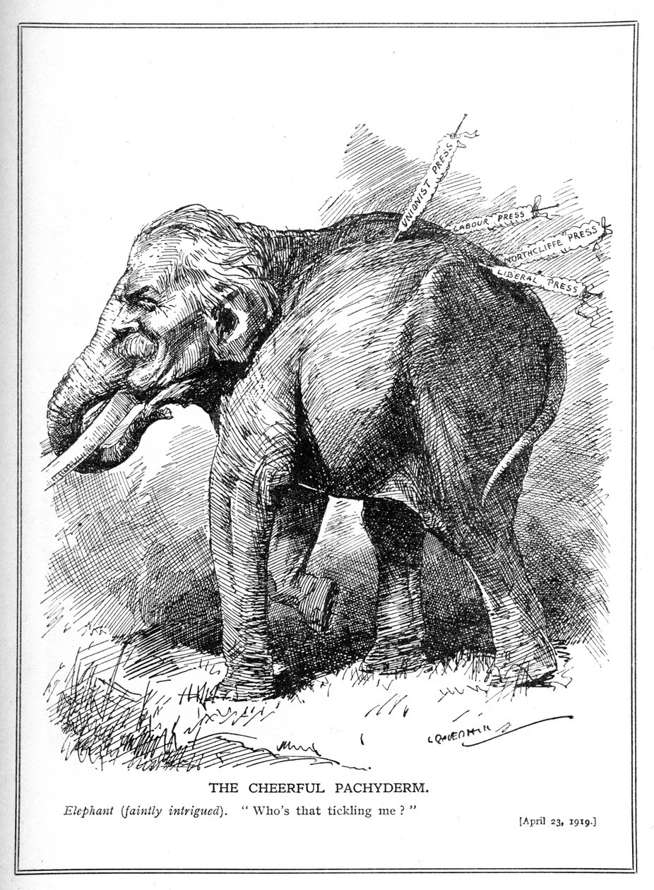 Lloyd George, als Elefant dargestellt, ignoriert die Pressekritik, April 1919 von Leonard Raven Hill
