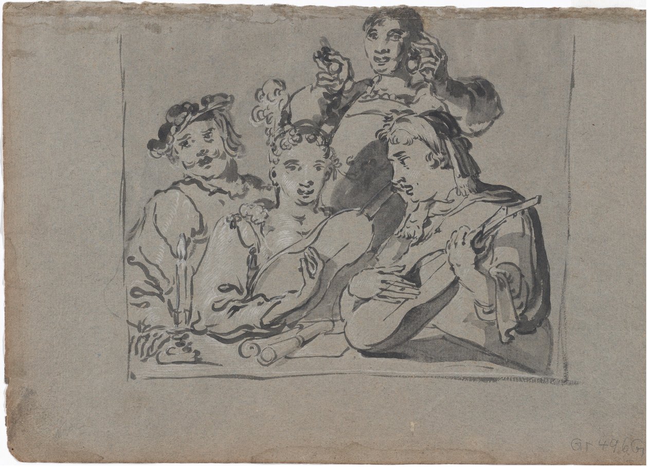 Ein Quartett von Sängern, Lautenspielern und Glockenringern, die in einer Taverne bei Kerzenlicht spielen, 1620-1628 von Leonard Bramer