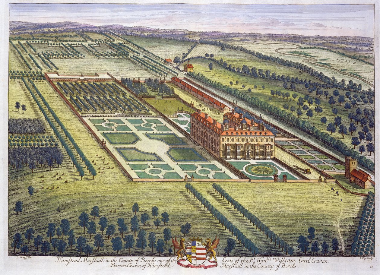 Hamstead Marshall in der Grafschaft Berkshire, graviert von Johannes Kip von Leonard Knyff
