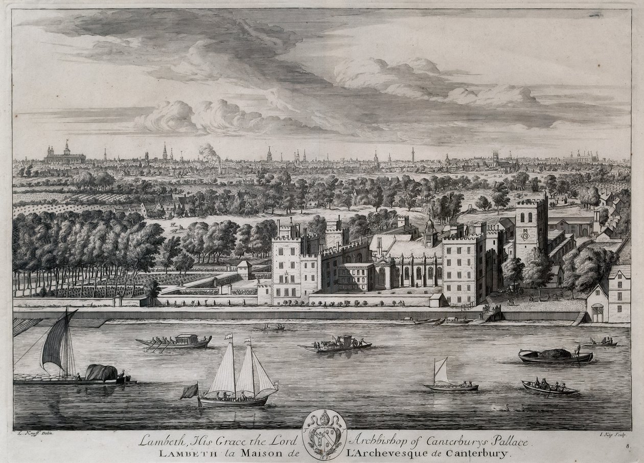 Lambeth, der Palast seiner Gnaden des Erzbischofs von Canterbury, graviert von I. Kip von Leonard Knyff