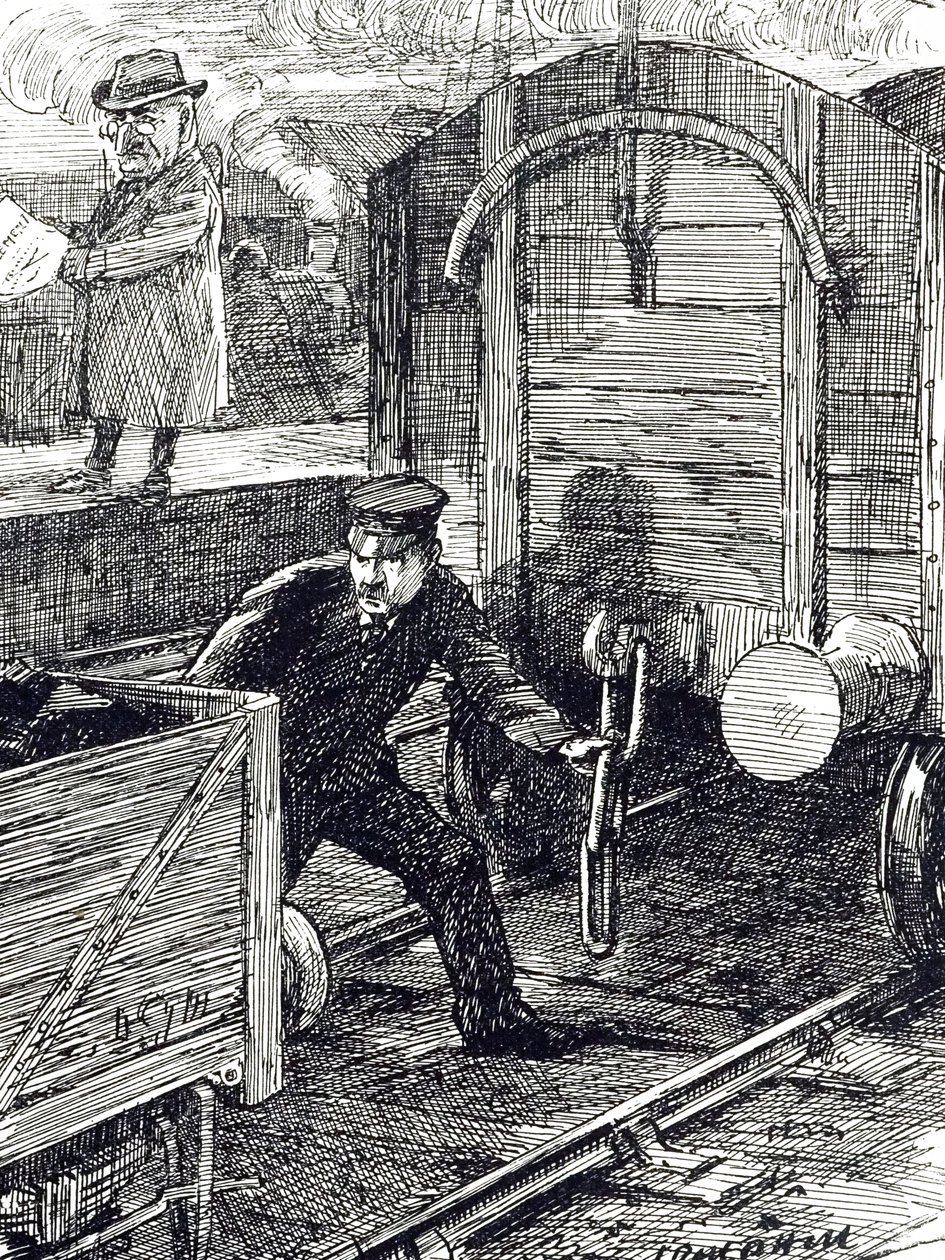 Eine Karikatur, die die Unfälle von Eisenbahnarbeitern kommentiert. Illustriert von Leonard Raven-Hill (1867-1942), einem englischen Künstler, Illustrator und Karikaturisten, 20. Jahrhundert von Leonard Raven Hill