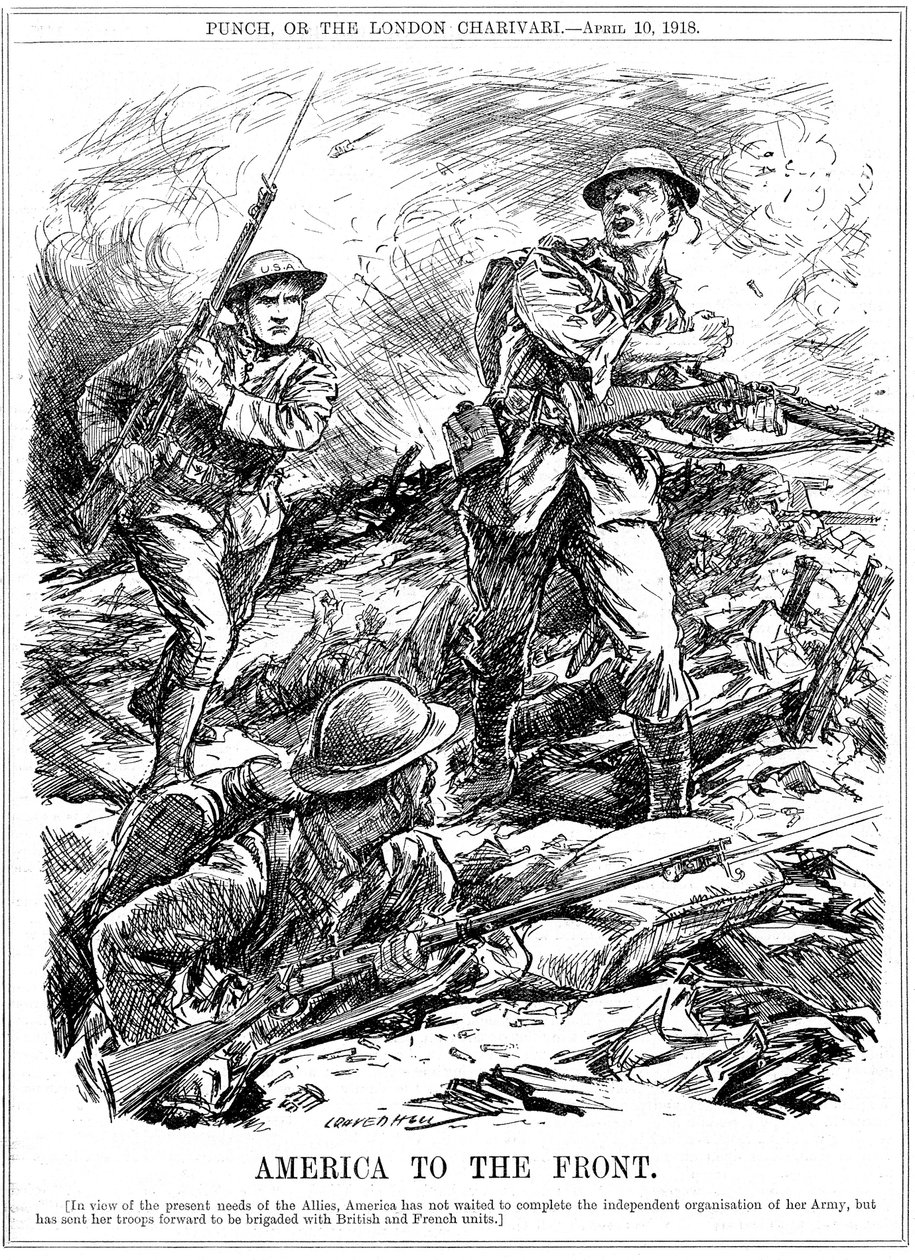 Amerikanische Verstärkungen zur Unterstützung der alliierten Truppen vor dem Eintreffen der Hauptarmee der USA, Erster Weltkrieg, 1918 von Leonard Raven Hill