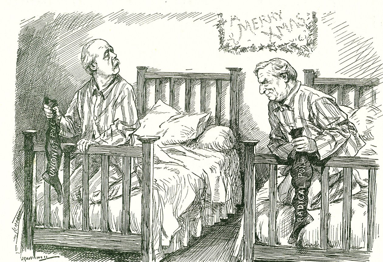 Arthur Balfour, Konservativer, und Herbert Asquith, Liberaler, mit ihren Weihnachtsstrümpfen. Bei den Parlamentswahlen im Dezember 1910 hatte keiner eine absolute Mehrheit. Asquith konnte eine Regierung in Koalition mit der Irish National Party bilden. Leo von Leonard Raven Hill