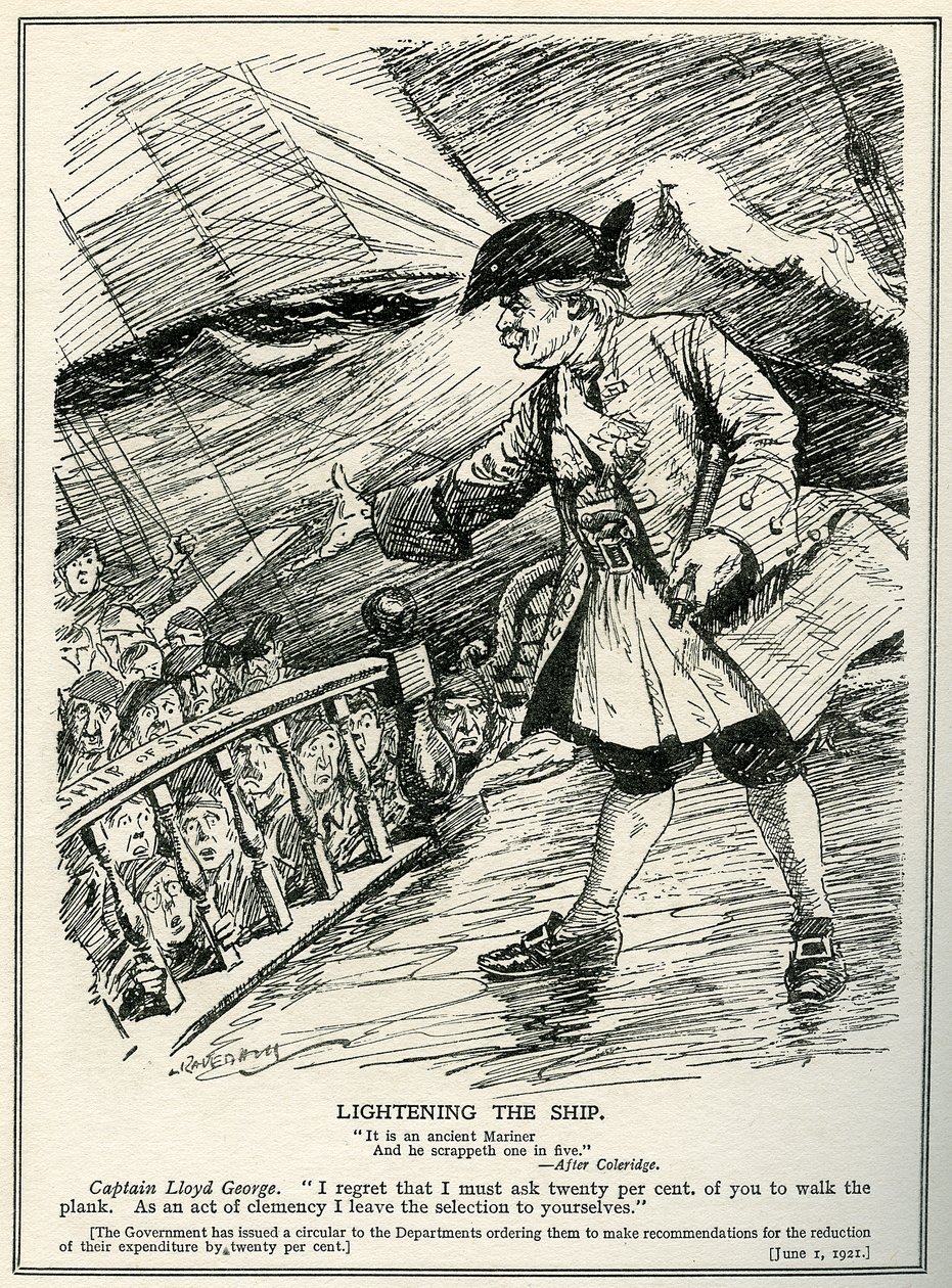 Regierungsabteilungen werden von Lloyd George angewiesen, die Ausgaben um zwanzig Prozent zu kürzen, 1921 von Leonard Raven Hill