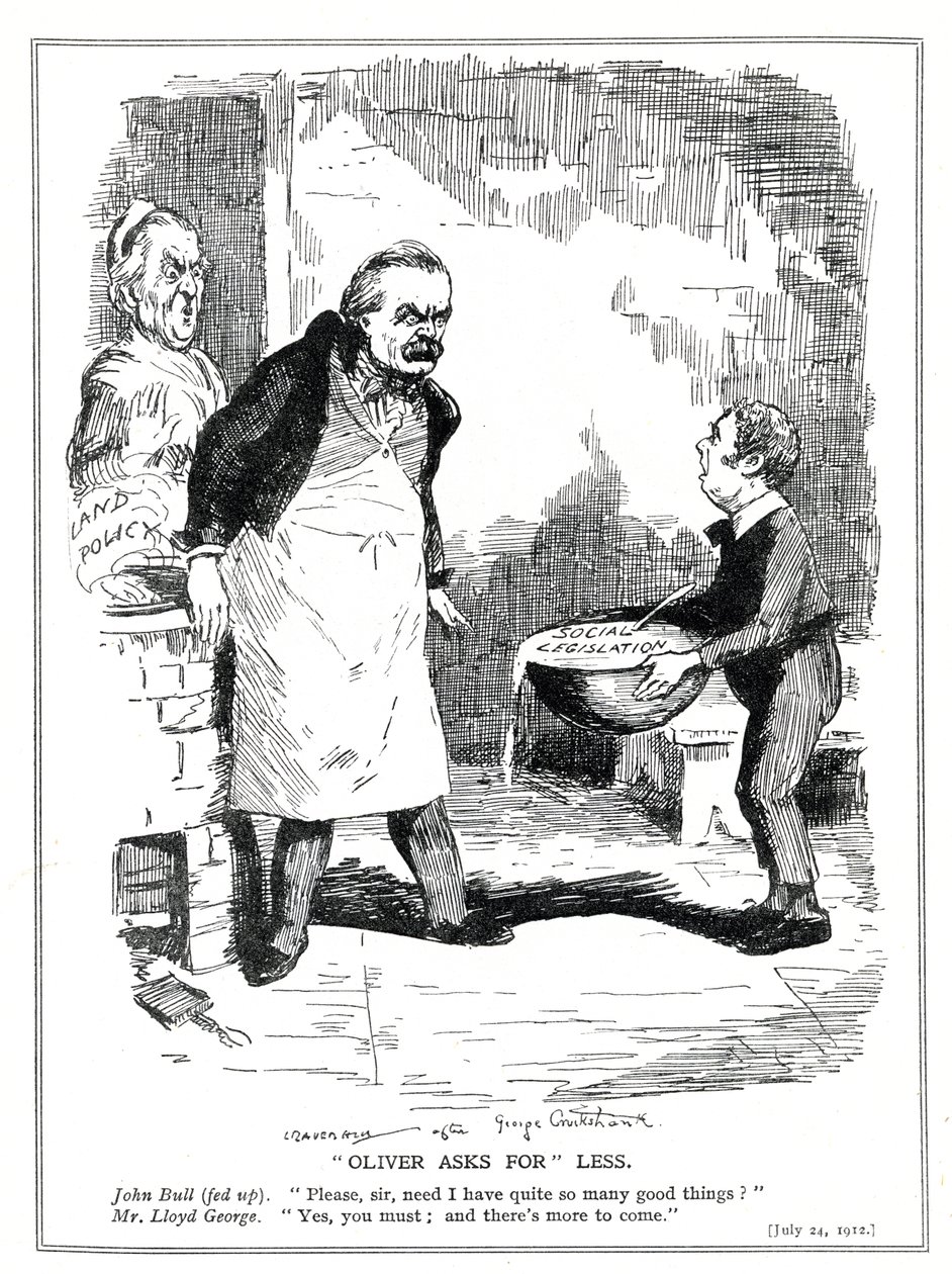 John Bull beschwert sich bei Lloyd George, dass es zu viele Reformen in seiner Sozialgesetzgebung und Landpolitik gibt, 1912 von Leonard Raven Hill