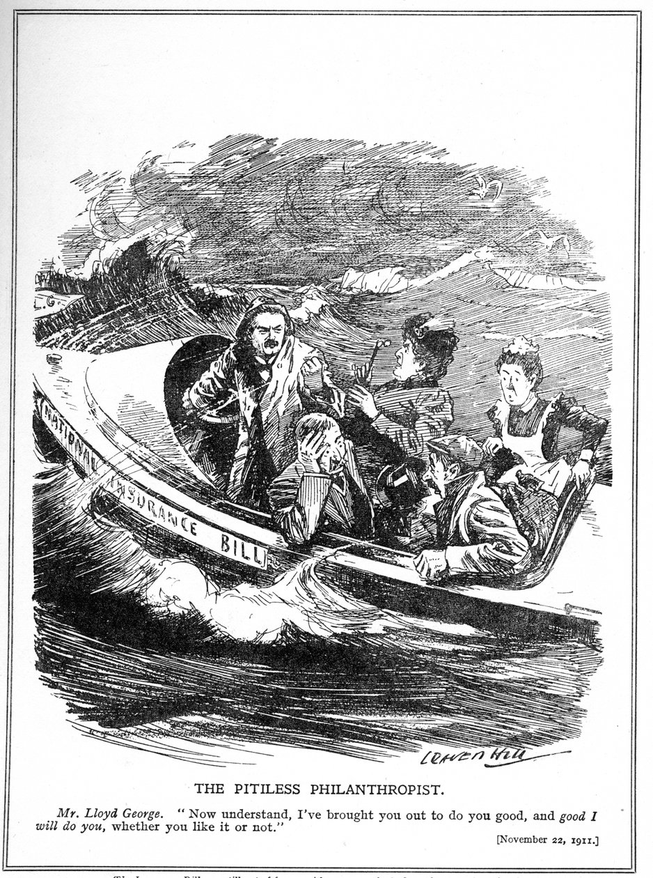 Lloyd George, dargestellt als Rettungsbootsmatrose, sieht sich dem Widerstand gegen sein National Insurance Act, 1911, gegenüber von Leonard Raven Hill