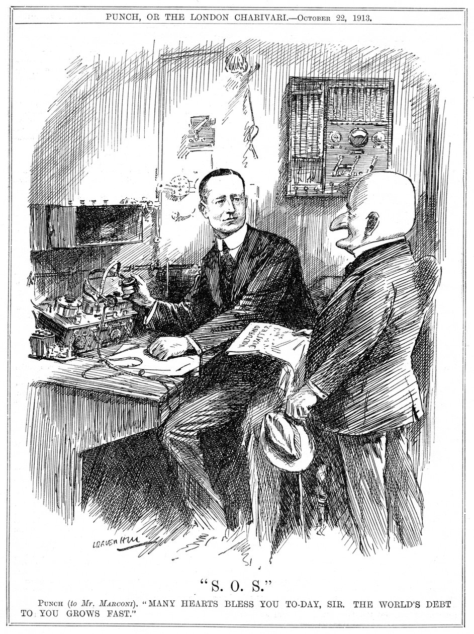 Mr. Punch dankt Marconi für die drahtlose Telegrafie, die Leben auf See rettete, 1913 von Leonard Raven Hill