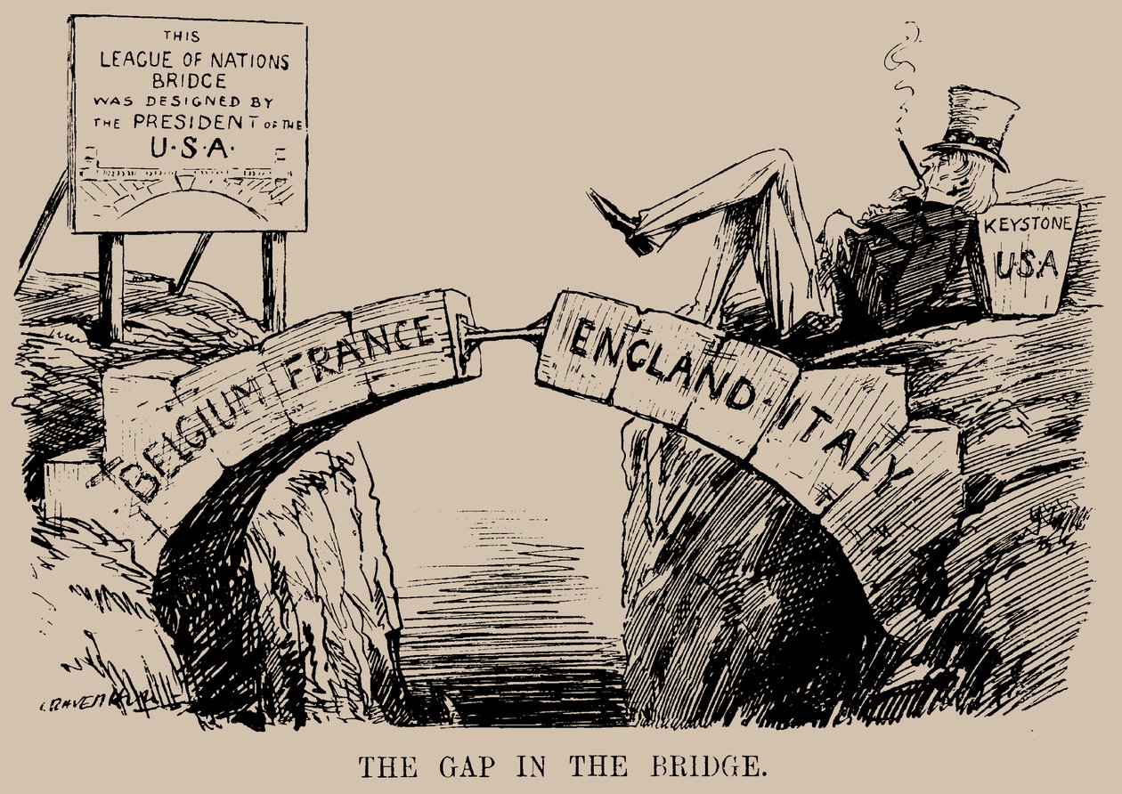 Die Lücke in der Brücke. Karikatur über die Abwesenheit der USA im Völkerbund, Dez 1919 von Leonard Raven Hill