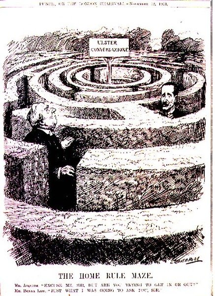 Das Home Rule Labyrinth. Mr. Asquith: "Entschuldigen Sie, Sir, aber versuchen Sie hinein oder hinaus zu kommen?" Mr. Bonar Law: "Genau das wollte ich Sie fragen, Sir" aus 