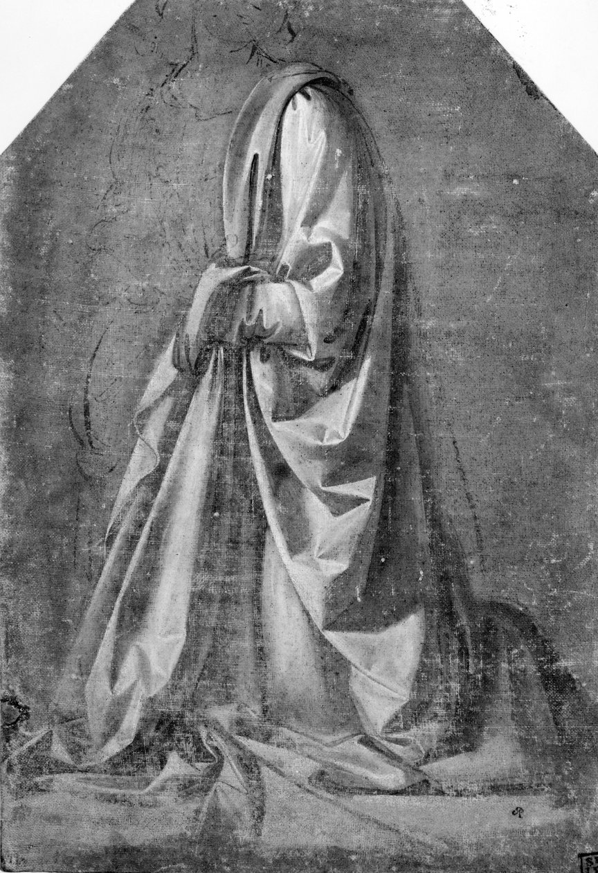 Draperiestudie für eine kniende Figur im Dreiviertelprofil nach links, ca. 1475 von Leonardo da Vinci