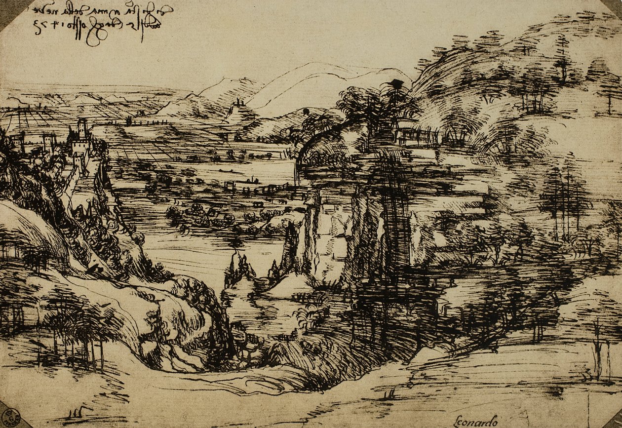 Landschaft des Arnotals, Feder auf Papier, Leonardo da Vinci (1452-1519), Kabinett der Zeichnungen und Drucke, Uffizien, Florenz von Leonardo da Vinci
