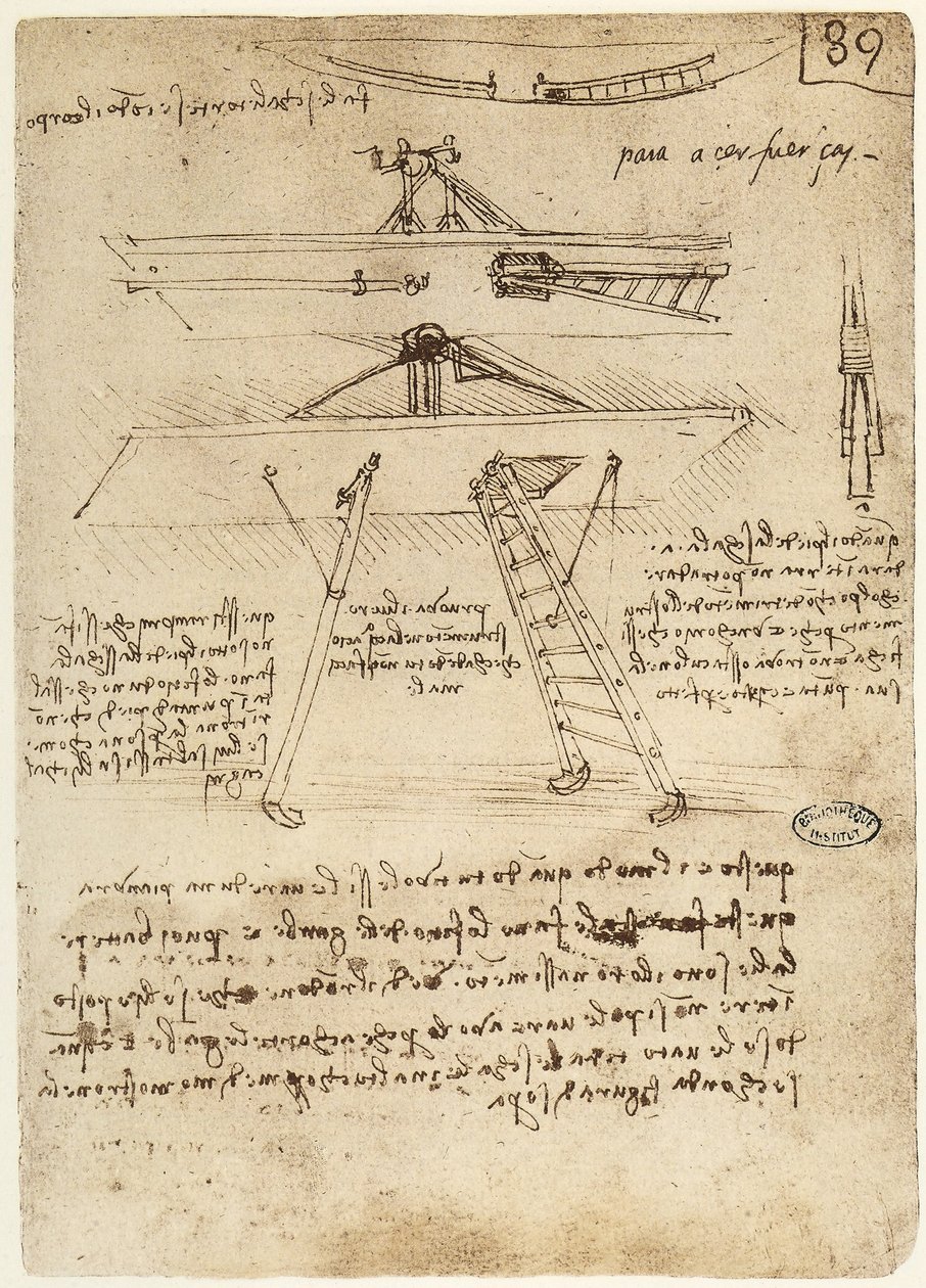Ms B fol.89r Start- und Landegestell für eine Flugmaschine, 1487-90 von Leonardo da Vinci