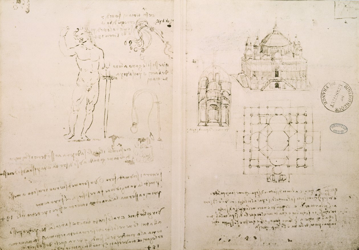 Skizze einer Kirche ähnlich der St. Sepolcro in Mailand, fol. 4r aus Codex Ashburnham I und II (ehemals Teil von Ms B (2184) und Ms A), ca. 1492 von Leonardo da Vinci