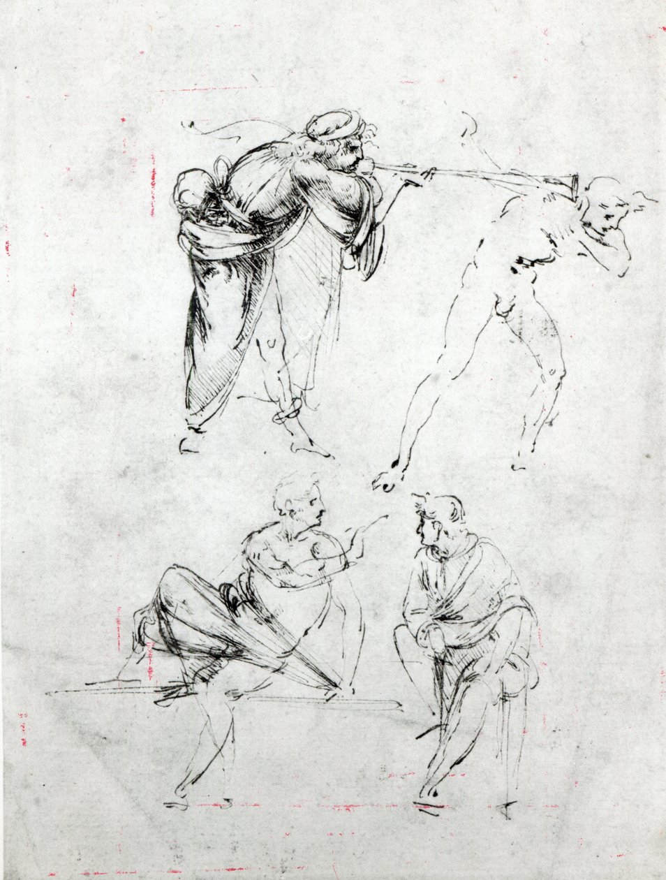 Studie eines Mannes, der einem anderen ins Ohr bläst, und zwei Figuren im Gespräch, ca. 1480-82 von Leonardo da Vinci