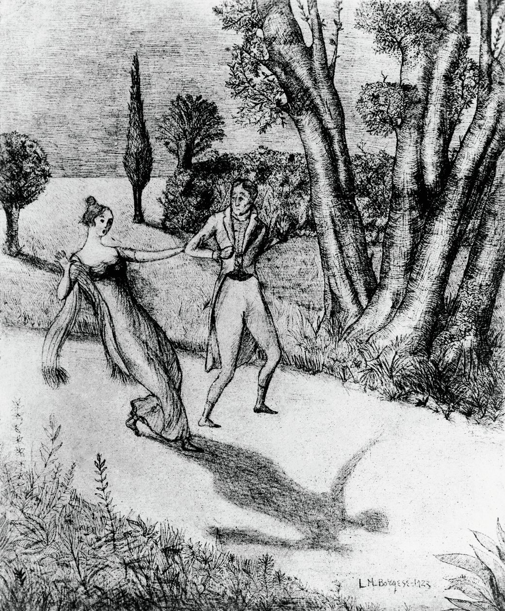 Peter, der furchterregende schattenlose Mann, Illustration für Peter Schlemihls wundersame Geschichte, Novelle von Adalbert von Chamisso, Lithographie nach einem Gemälde von Leonardo Borgese, veröffentlicht von Modiano von Leonardo Borgese