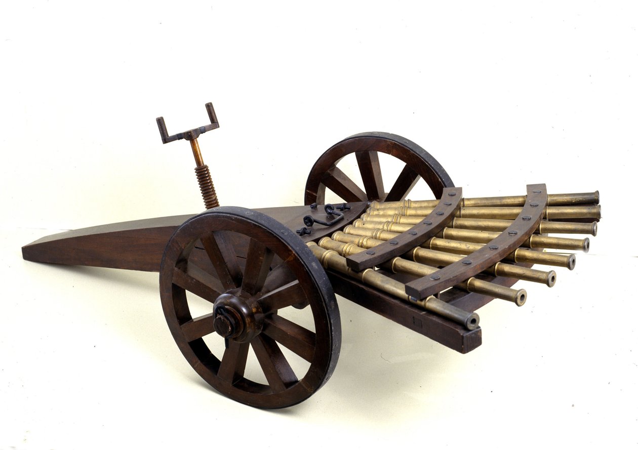 Mehrrohrkanone. Modell nach der Zeichnung von Leonardo da Vinci. Museum für Wissenschaft und Technik, Mailand von Leonardo da (after) Vinci