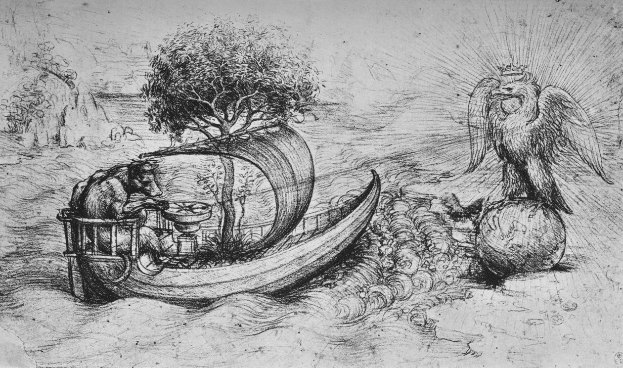 Allegorie: Ein gekrönter Adler steht auf einem Globus und ein Wolf steuert ein Boot, um 1480 von Leonardo da Vinci